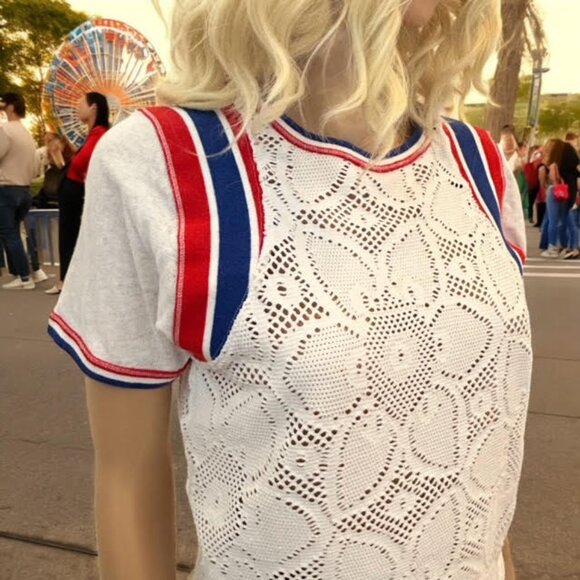 Free People XSmall Mimi TShirt Short Sleeve Top White Red Blue Mesh Crochet XS - Picture 2 of 10